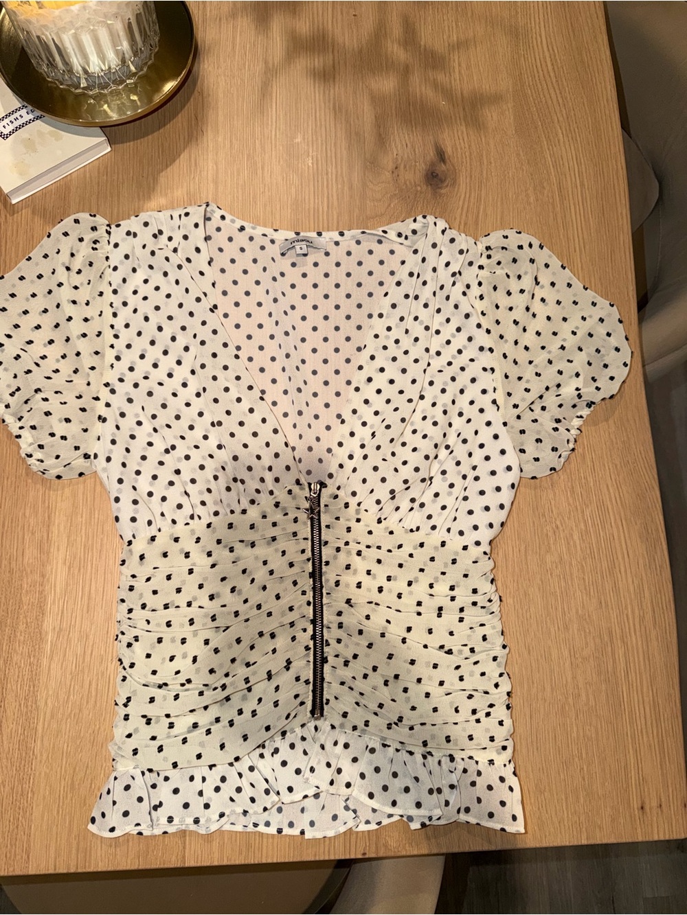 Miaou White Polka Dot Zip-Front Puff Sleeve Blouse